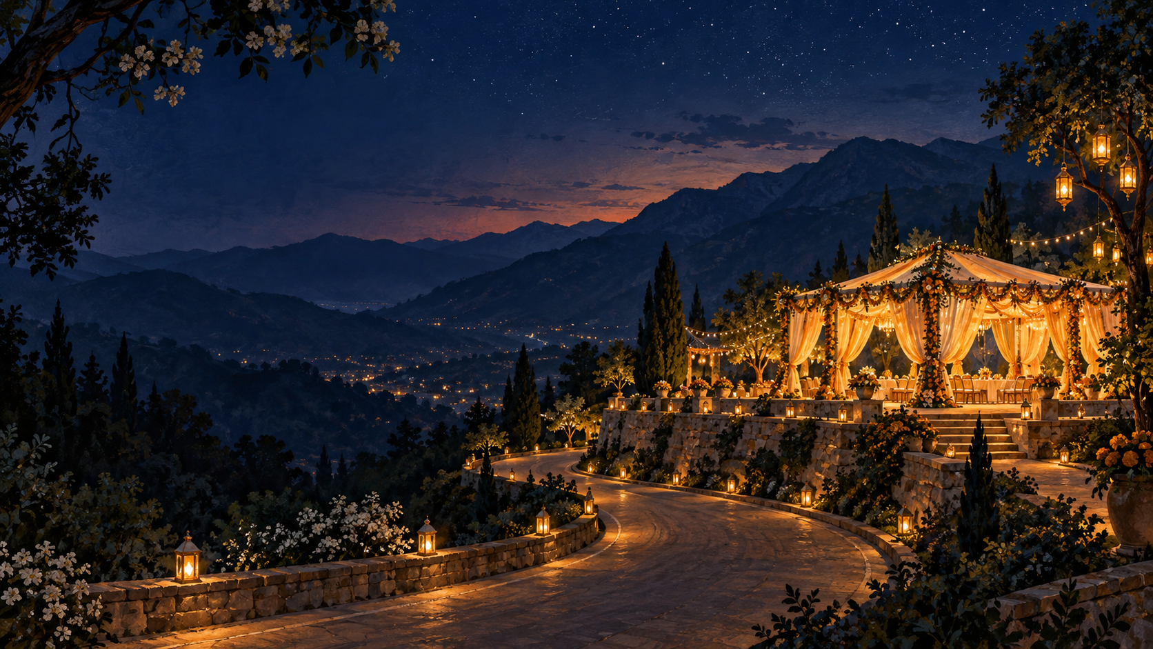 Illustration of a warmly lit wedding celebration in the mountains at night